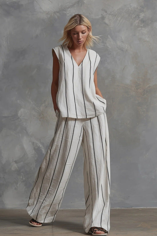 French Minimalist Black And White Vertical Stripe Loose Cotton-Linen Womens Set 