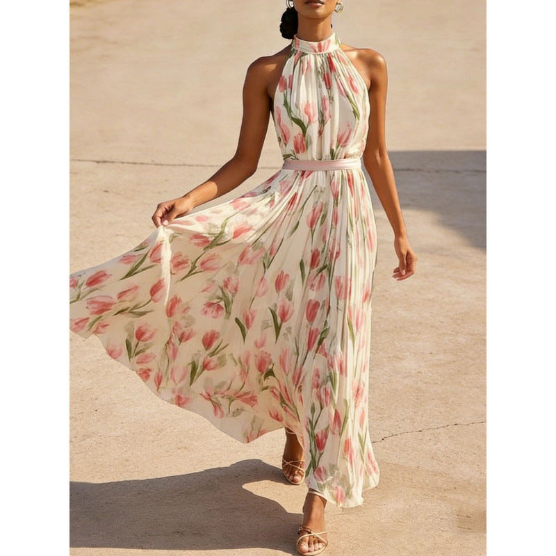 Womens Swing-Style Halterneck Printed Dress 