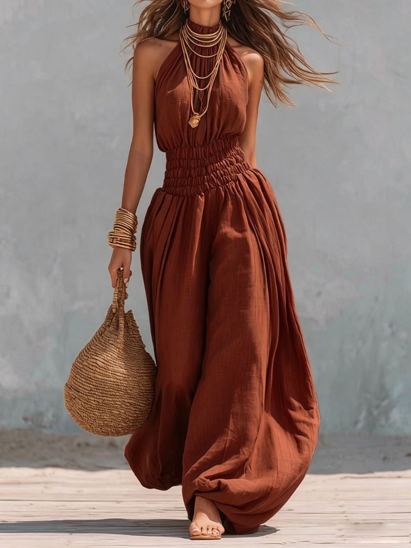 Sleeveless hanging neck lantern pants jumpsuit for women 