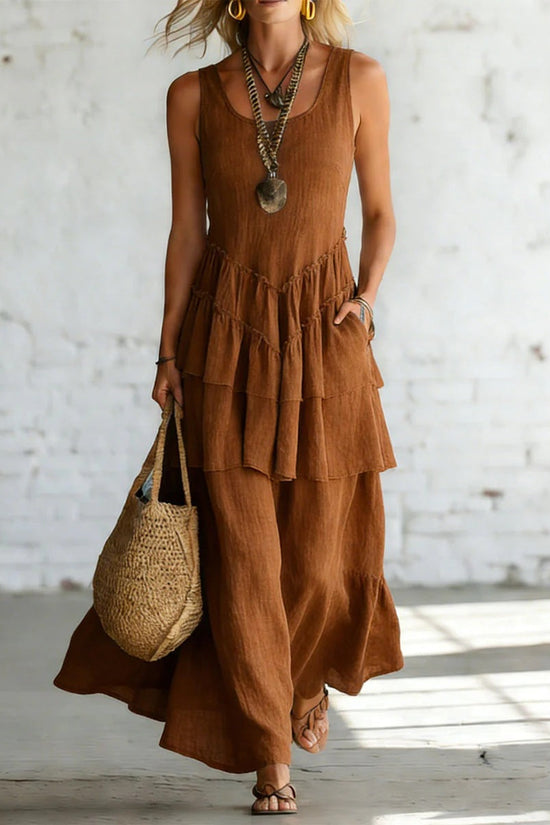 Cotton-linen Loose-fit Maxi Dress With A Sleeveless Design 