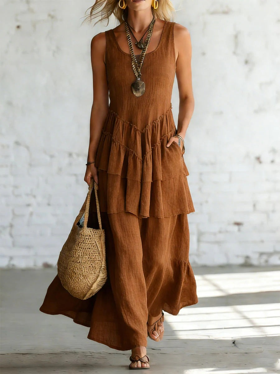 Cotton-linen Loose-fit Maxi Dress With A Sleeveless Design 