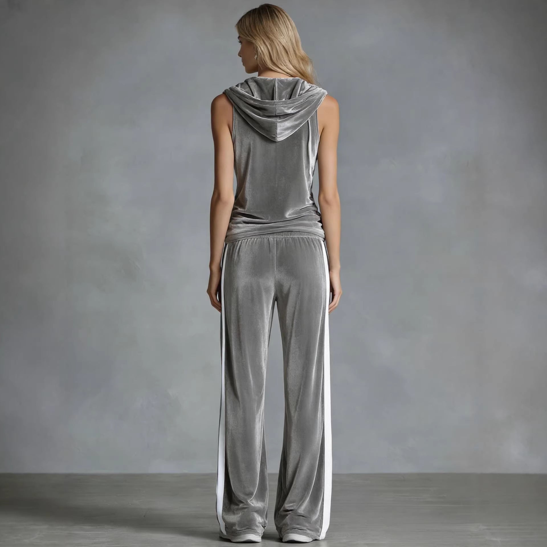 Fashionable Long Pants Sleeveless Hooded Velvet Two-Piece Set for Casual and Sporty Wear 