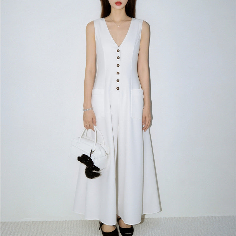 Women's Stylish & Elegant Solid-Color V-Neck Button-Up Dress 