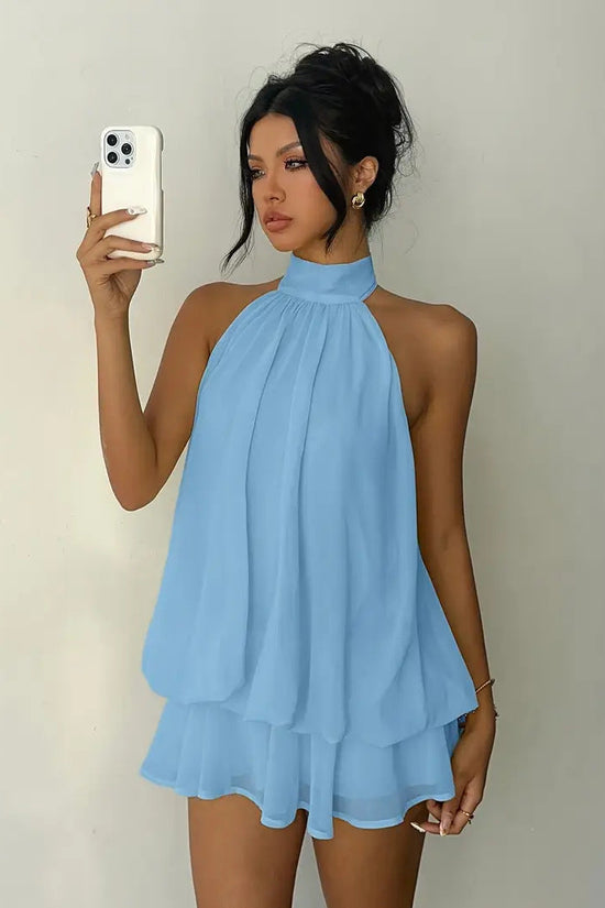 Women's vacation fitted sexy backless halter neck tie-waist dress with puffy short skirt 