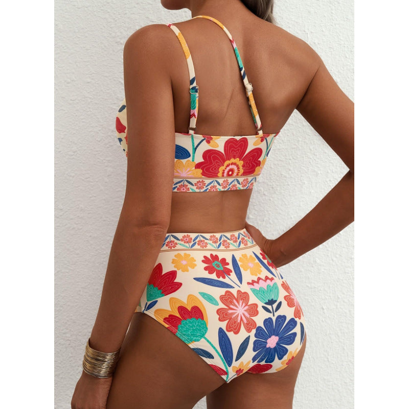 New women's high waisted bikini set with one shoulder floral print swimsuit, 2-piece set, belly cinching swimsuit 