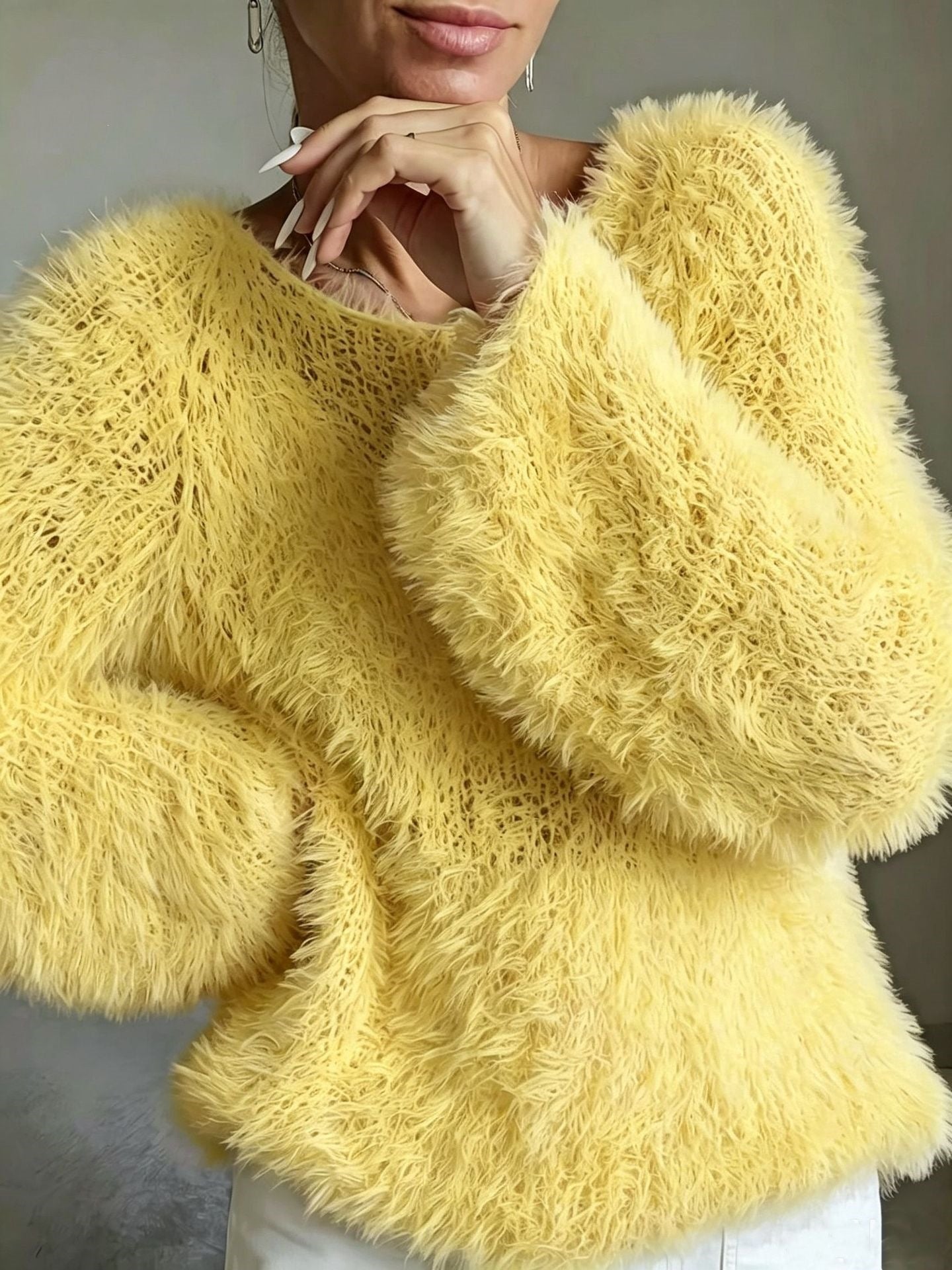 Women's macaron round neck fluffy solid color long sleeved fur top 