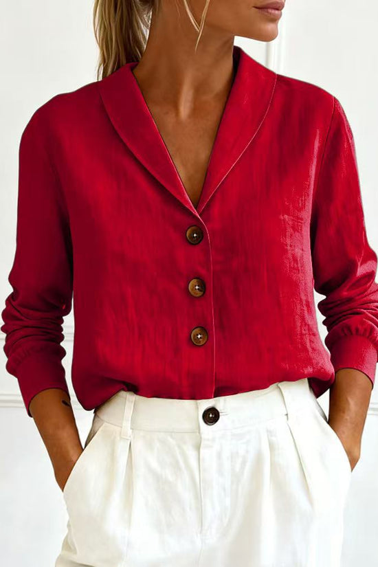 Fashionable Cotton-Linen Long-Sleeve Peter Pan Collar Button-Up Shirt 