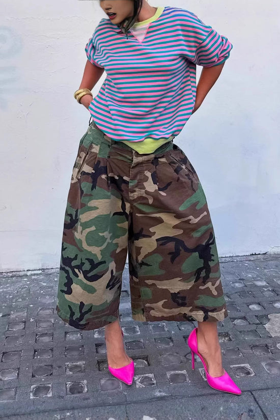 Fashionable Casual Camouflage Workwear-style Loose Wide-leg Pants 