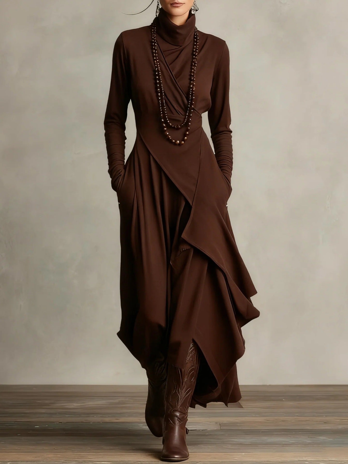 Solid Color Long Sleeve Cross Wrap High Neck Maxi Dress 