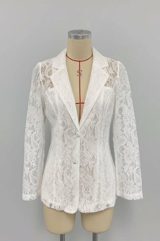Sheer Floral Lace Blazer | Deep V Notched Lapel Single Button 