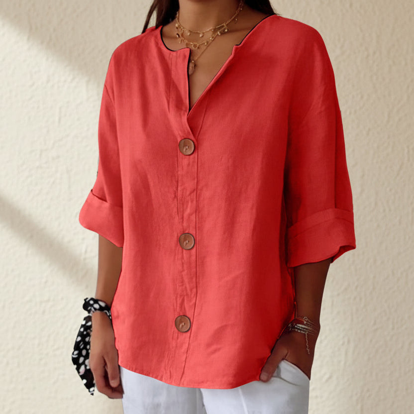 Women's V-neck cotton and linen buttoned blouse 