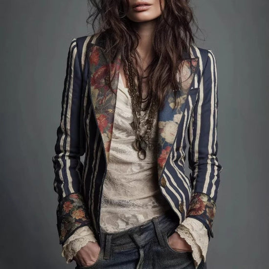 Women's Bohemian Color-Block Striped Blazer 