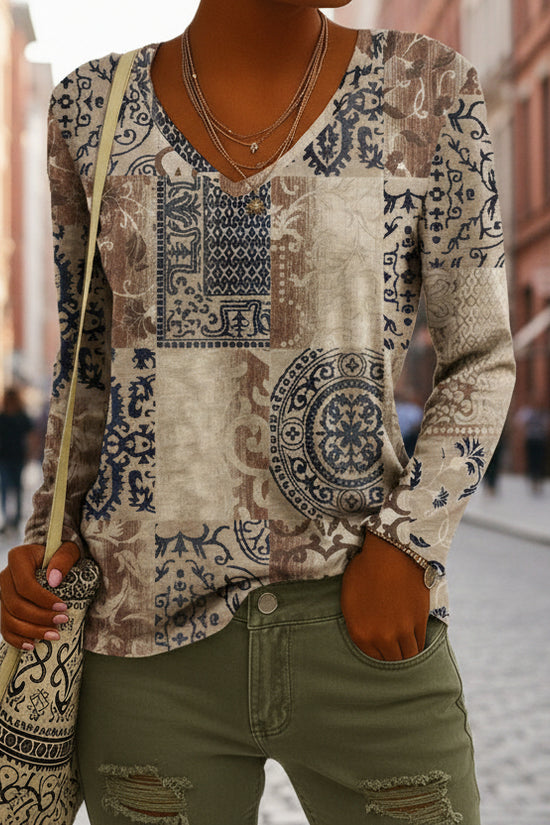 Fashionable Ethnic-Style Printed V-Neck Long-Sleeve T-Shirt 