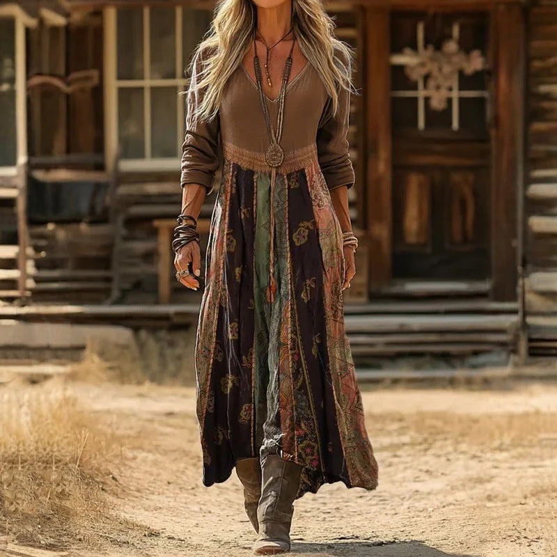 Personalized Retro Chic V-Neck Long-Sleeve Dress 