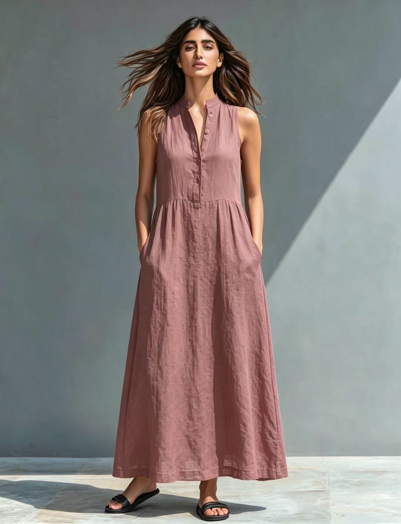 Resort-style Stand-collar Maxi Dress 