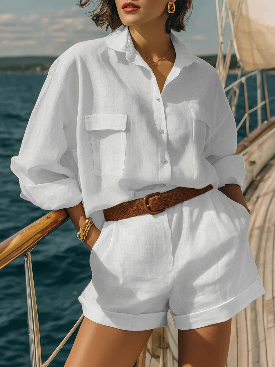 Cotton-linen Loose-fit Button-down Shirt And Shorts Fashion Casual Set 