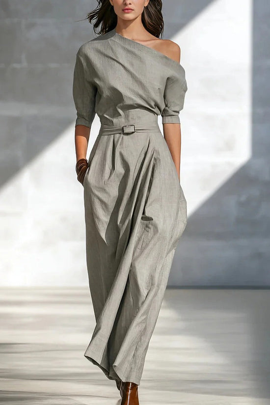 Slanted Shoulder Waist Long Dress 