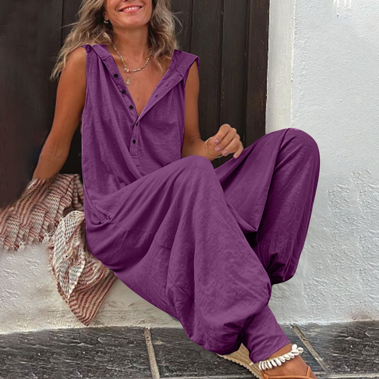 Buttoned Hooded Sleeveless Pants For Women 