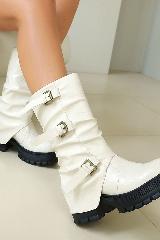 Thick Heel High Heel Women's Short Boots with Belt Buckle Slip-On Tube Boots 