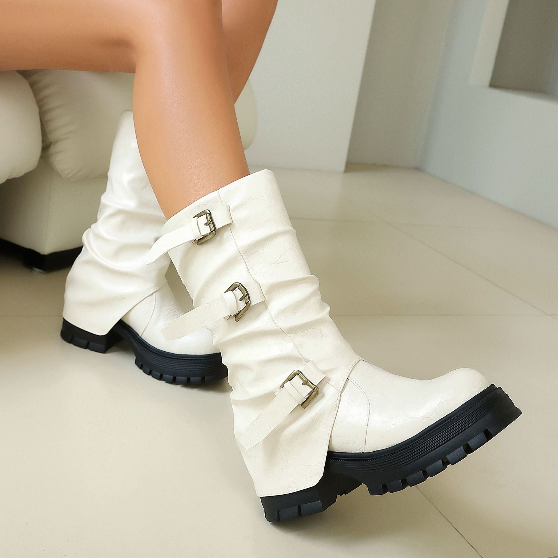 Thick Heel High Heel Women's Short Boots with Belt Buckle Slip-On Tube Boots 