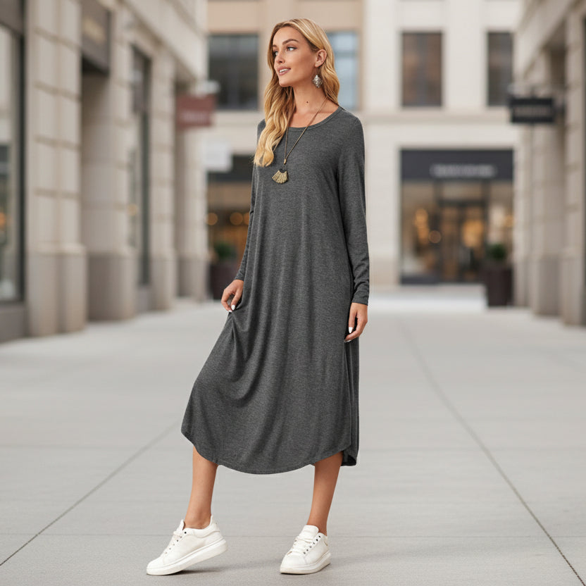 Womens Solid-Color Casual Long-Sleeve Dress 