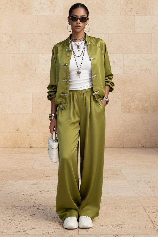 Satin set with hanging wide leg pants and drawstring two-piece set 