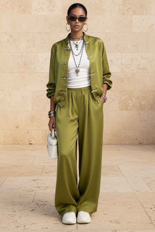 Satin set with hanging wide leg pants and drawstring two-piece set 