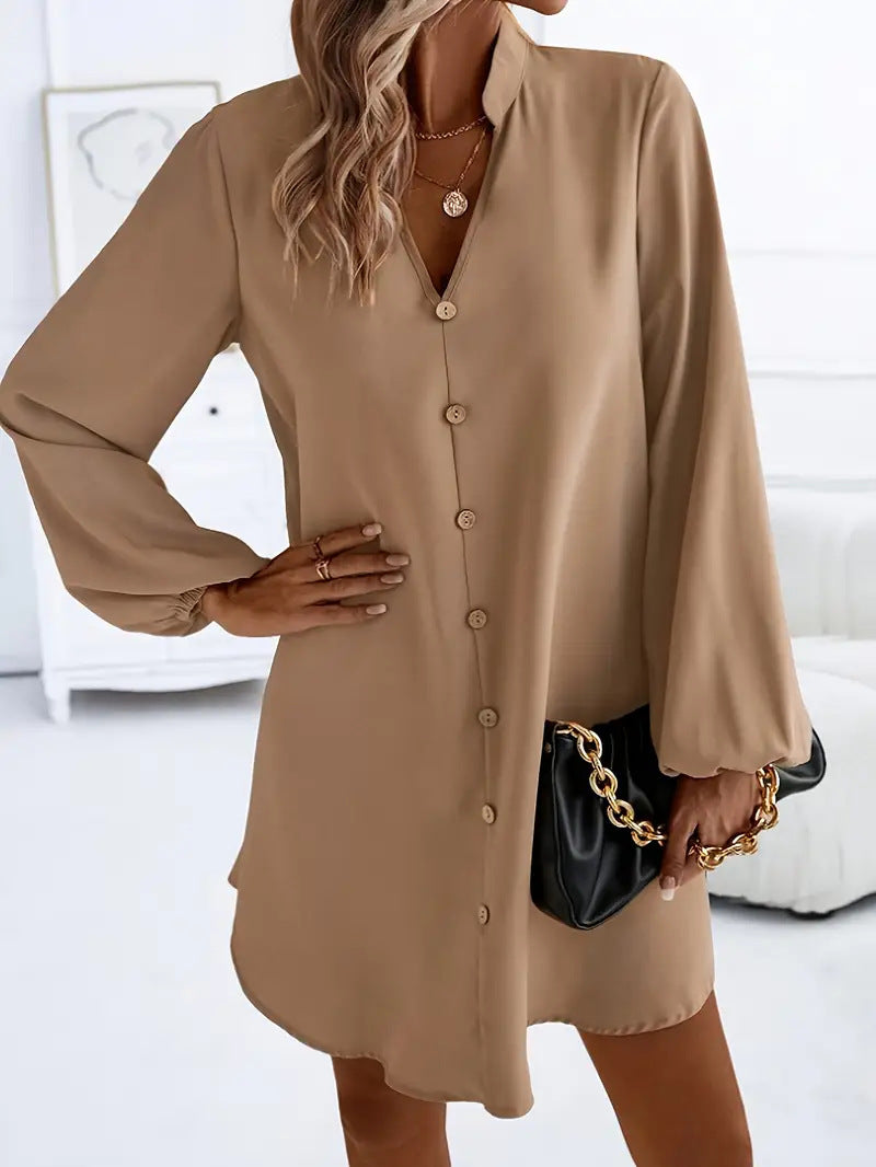 Women Solid Color V-Neck Long Sleeve Single Breasted A-Line Dress 