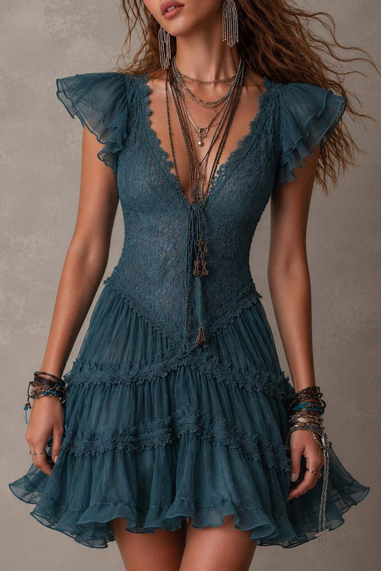 Lace Flutter Sleeve Dress for Women, Fitted Waist with Tie Strap, Layered Tulle Cake Mini Skirt 