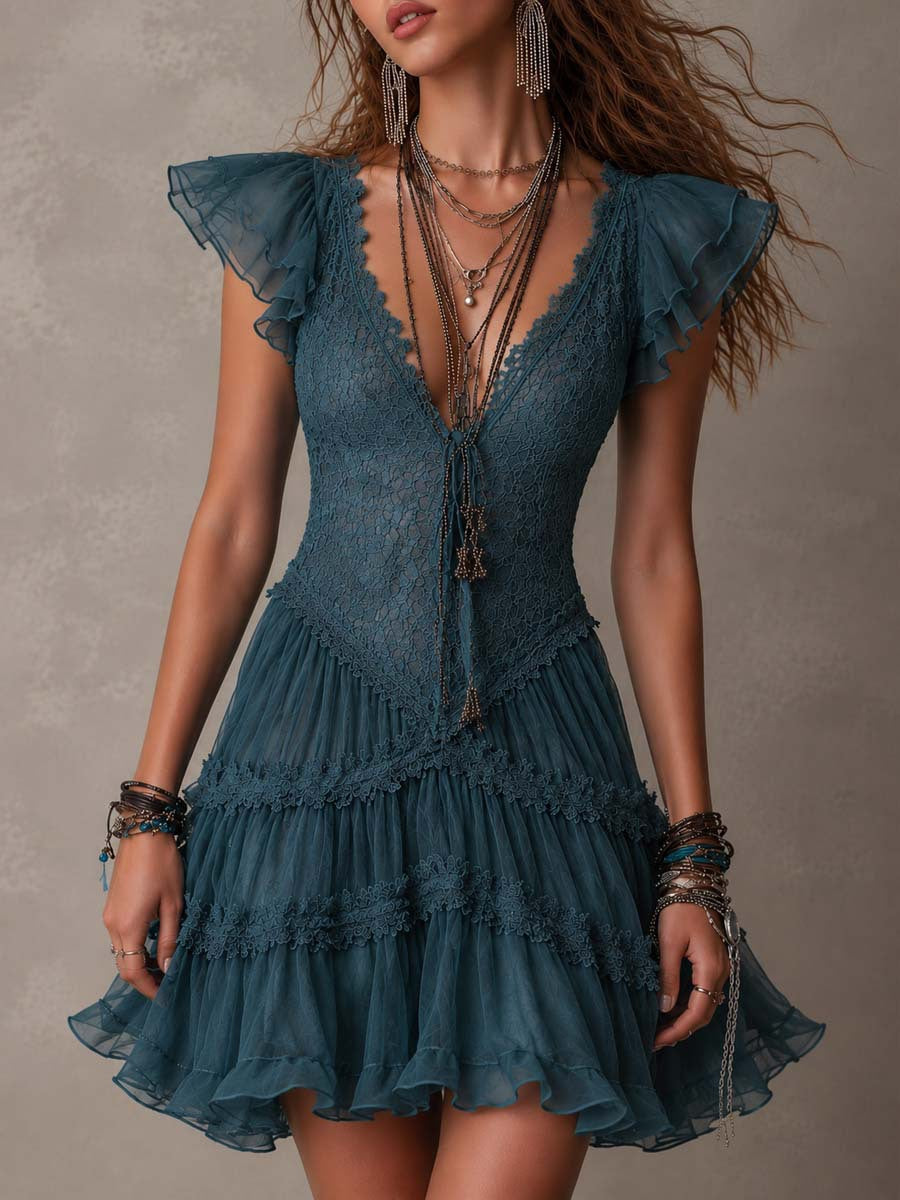 Lace Flutter Sleeve Dress for Women, Fitted Waist with Tie Strap, Layered Tulle Cake Mini Skirt 
