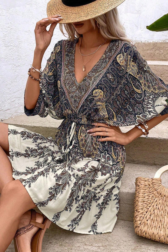 Paisley Print Batwing Sleeve Tassel Tie Front Ruffle Hem Dress CJ US
