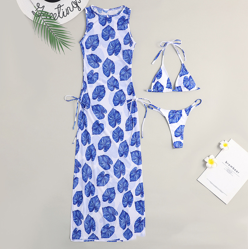 Bikini Swimwear Set, Solid Color Long Dress, Sexy Three-Piece Separated Swimsuit for Women 