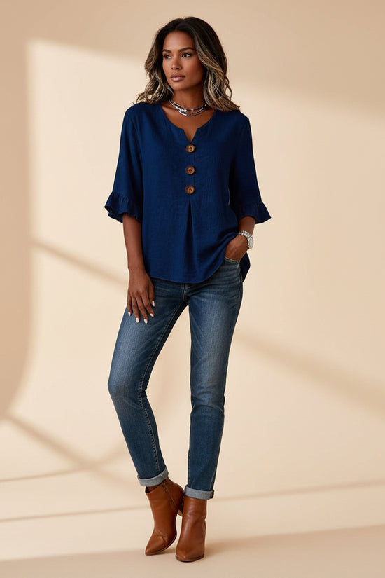 Fashionable Cotton Linen V-Neck Button-Up Blouse for Women Summer Casual Top 