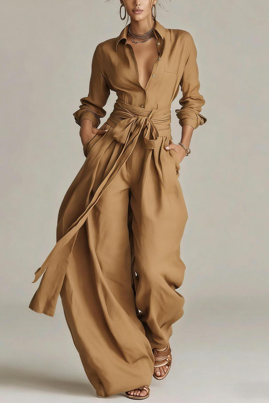 Solid color collar top high waisted pants two-piece set 