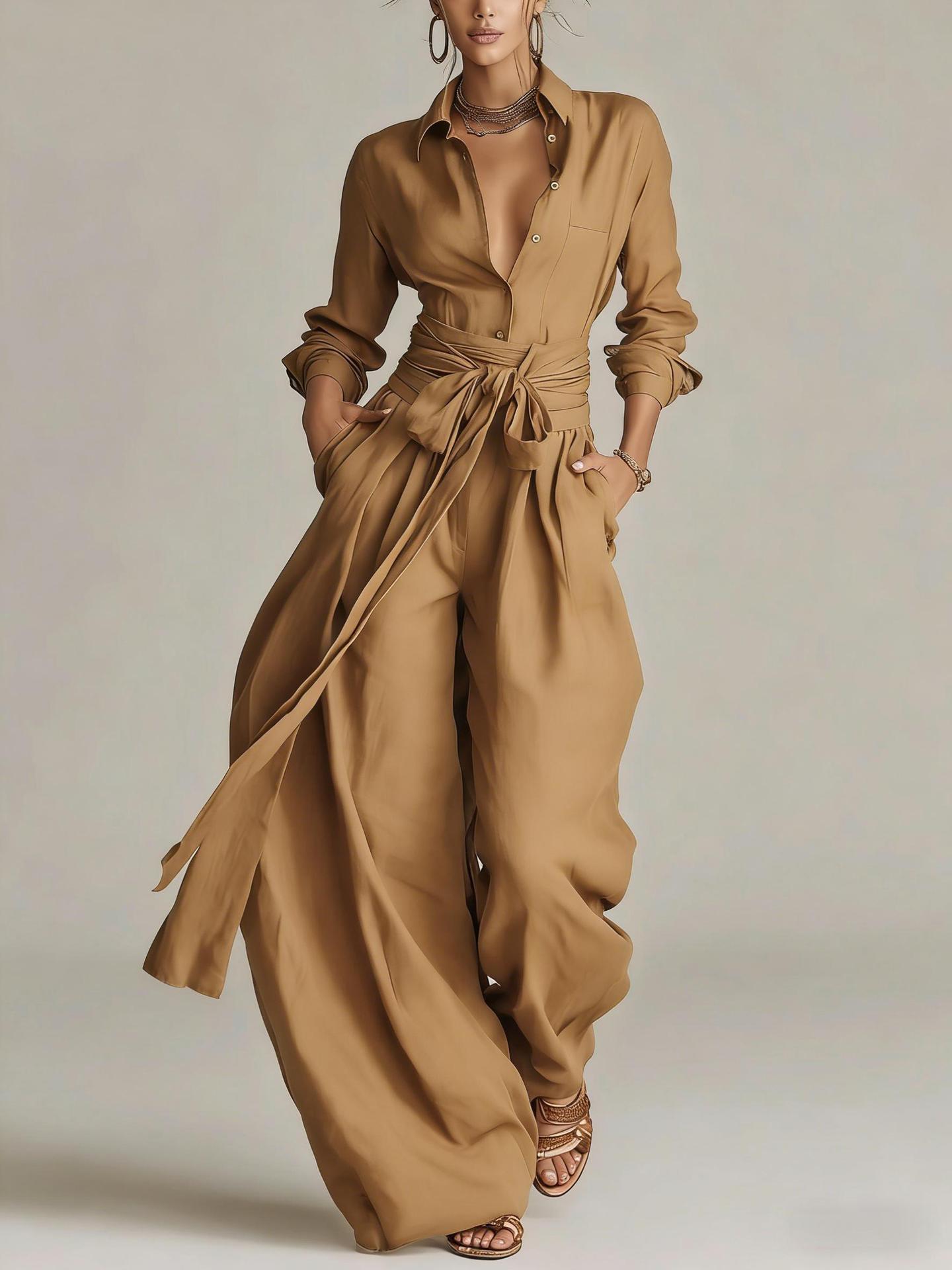 Solid color collar top high waisted pants two-piece set 