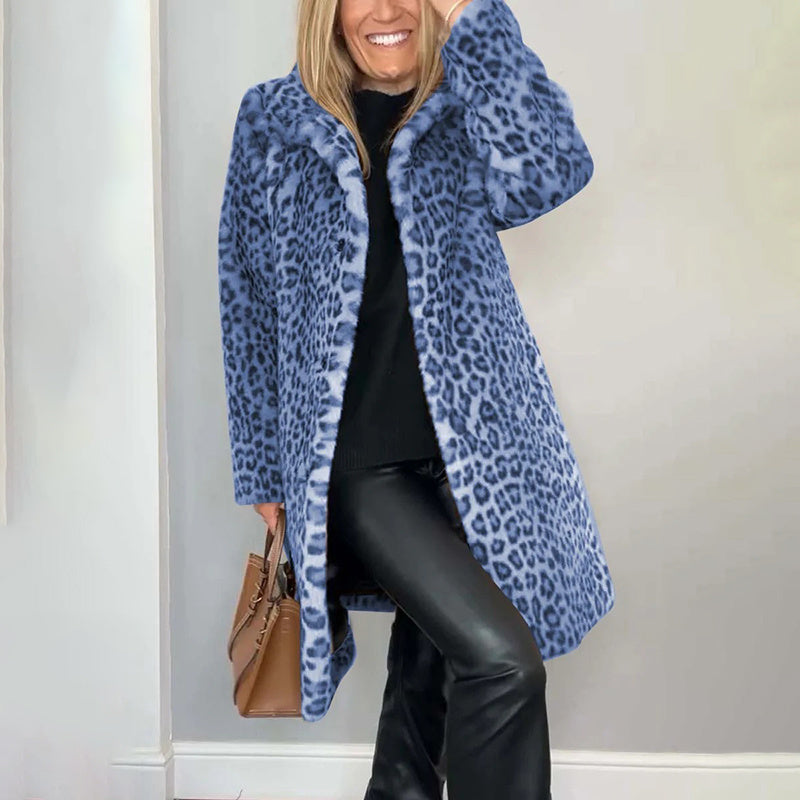 Women's Leopard Print Plush Jacket, Cozy Loose-Fit Warm Coat Elegant Medium-Length Fall Winter Outwear CJ US