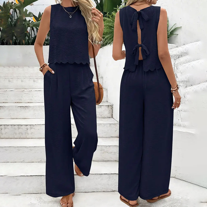 Elegant 2-Piece Matching Set, Sleeveless Crop Top And Wide Leg Pants Outfits CJ