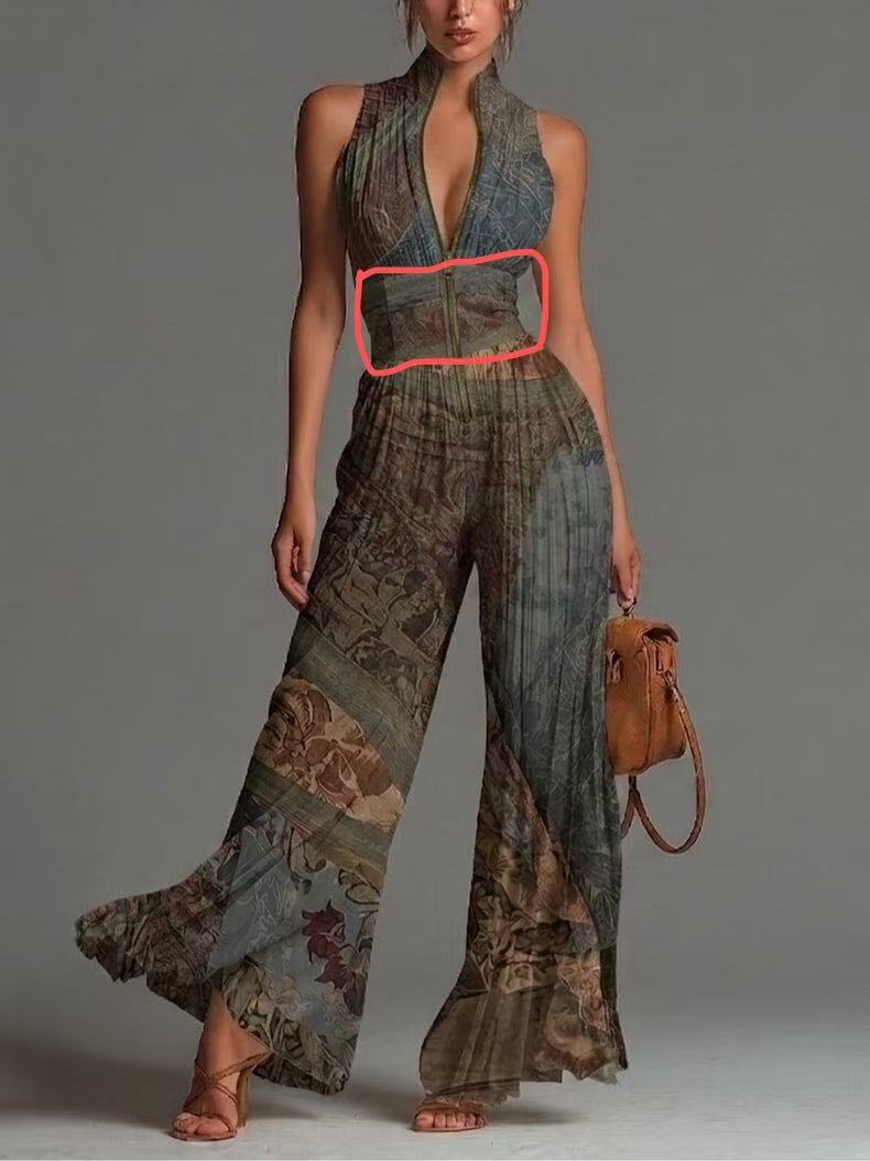 White Pleated Strap Neck Jumpsuit for Women, Long Wide Leg Fashion Sexy Folded Design 
