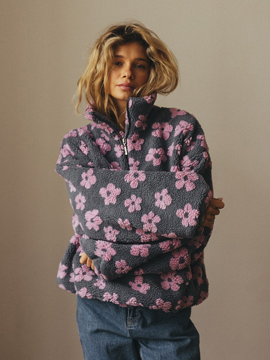 Winter Flowers Lambskin Sweatshirt With Big Pocket Casual Loose Zip-up Lapel Pullover Top Women's Clothing 