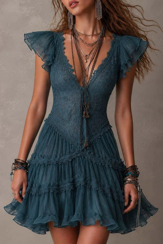 Lace Flutter Sleeve Dress for Women, Fitted Waist with Tie Strap, Layered Tulle Cake Mini Skirt 
