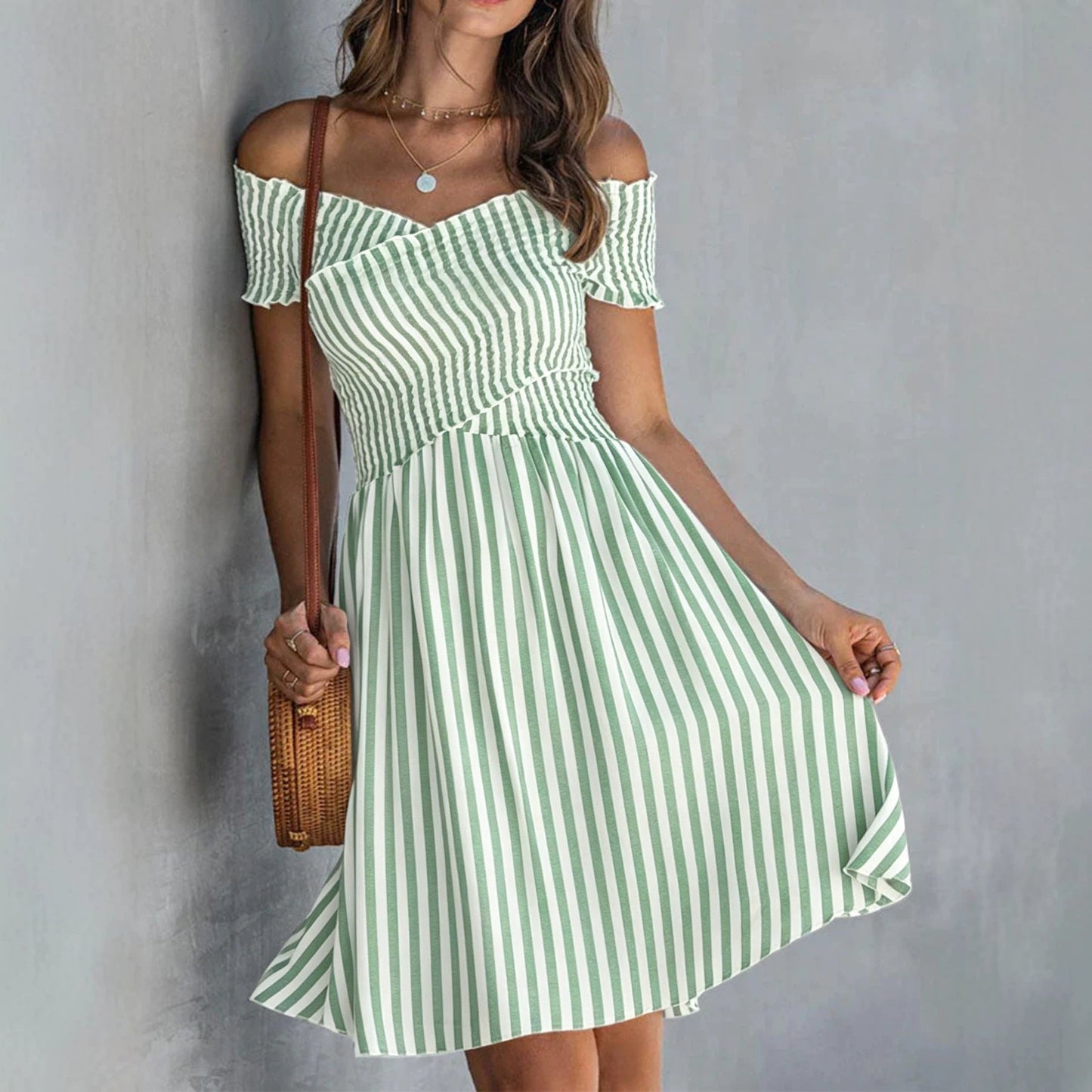 Off-the-shoulder Striped Waist-cinching Dress European And American Style 