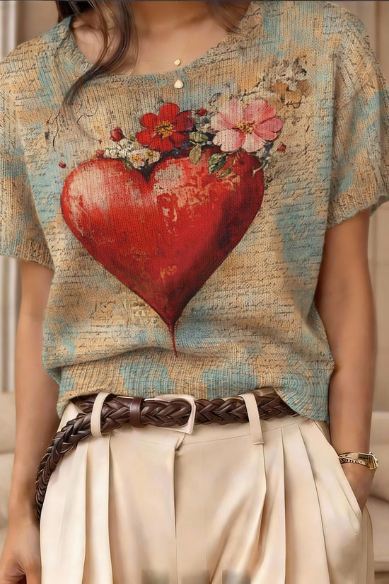 Retro Short-Sleeve Sweater Contrast-Color Jacquard Knit Top 