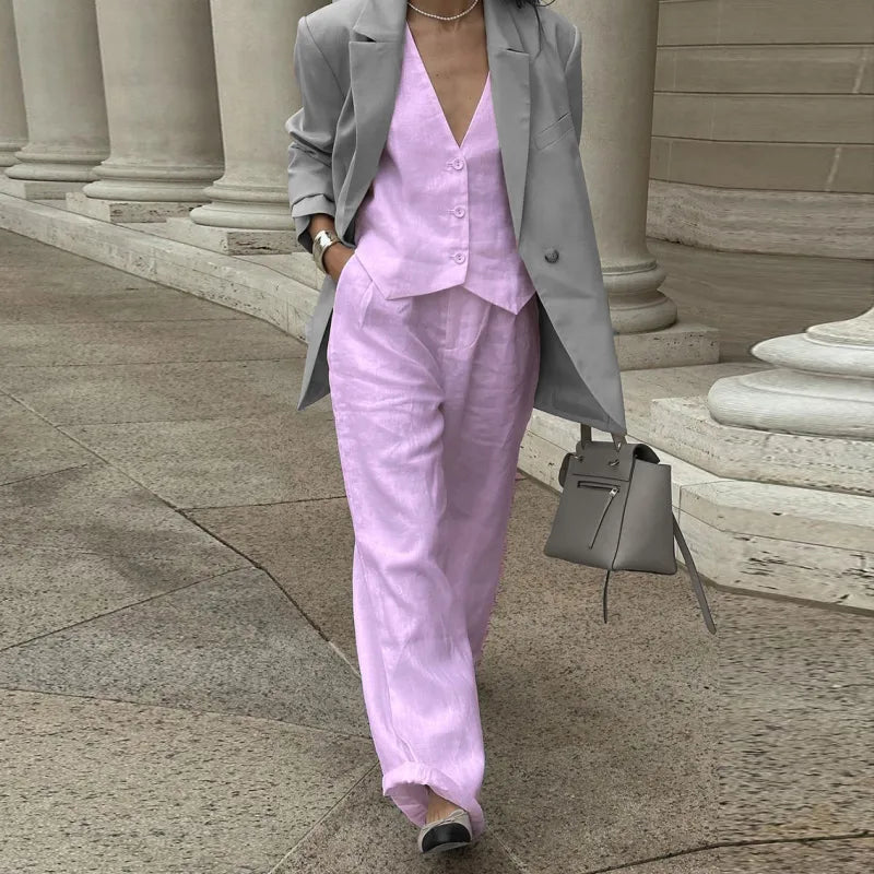 Women’s V‑Neck Button‑Front Vest & High‑Waist Pants Set 