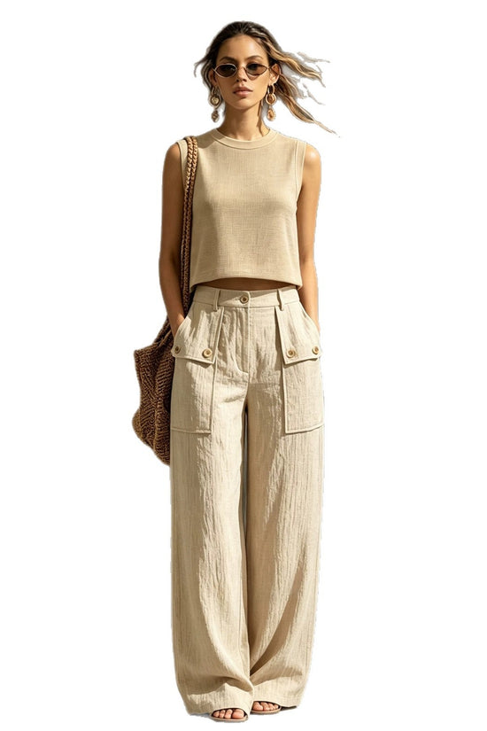Khaki linen casual two-piece short knitted vest pocket wide leg pants set 