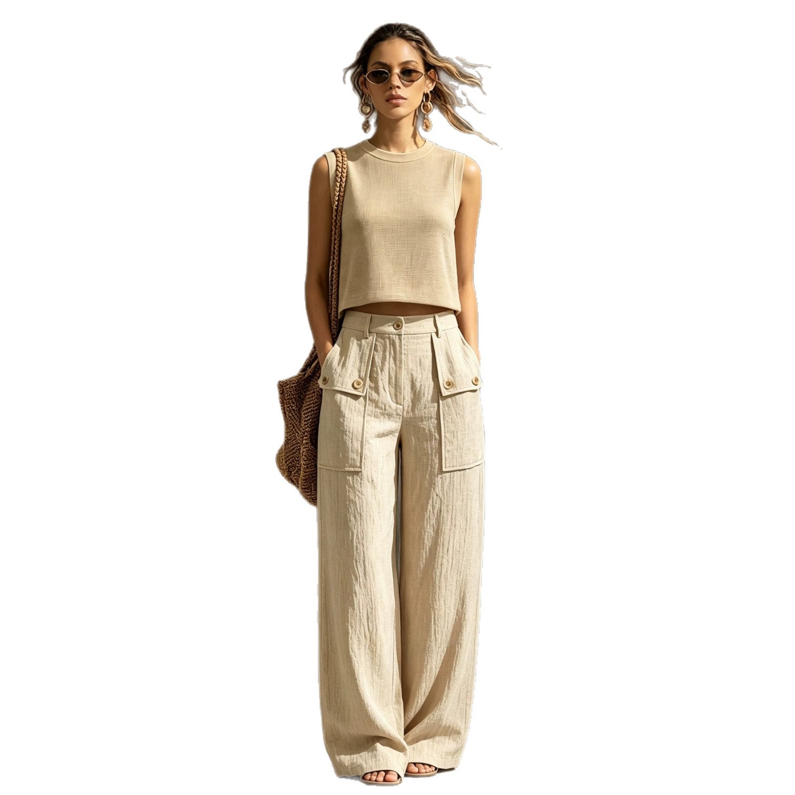 Khaki linen casual two-piece short knitted vest pocket wide leg pants set 
