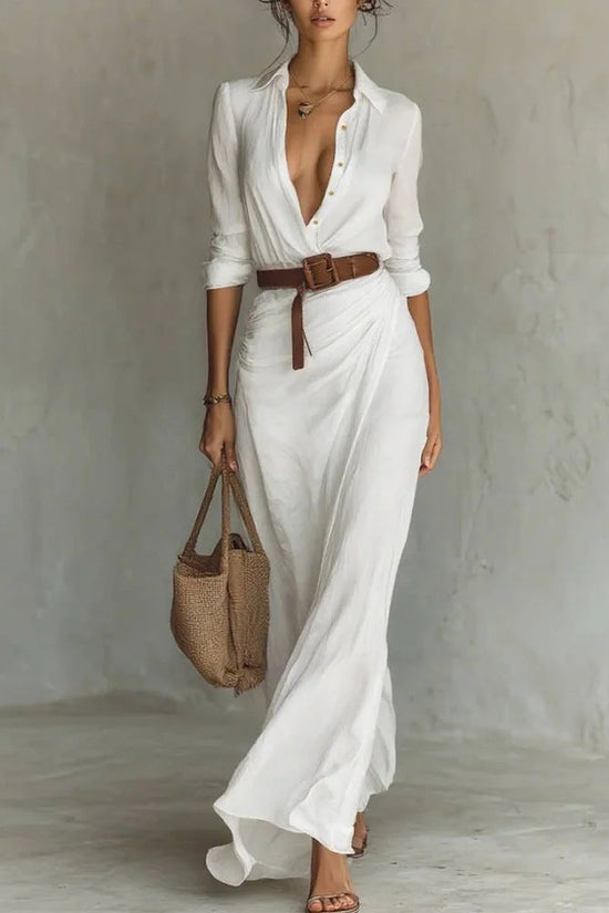 Autumn Elegant Solid Color Irregular Ruffled Dress With Belt, Sexy Slim Waist Long Dress 
