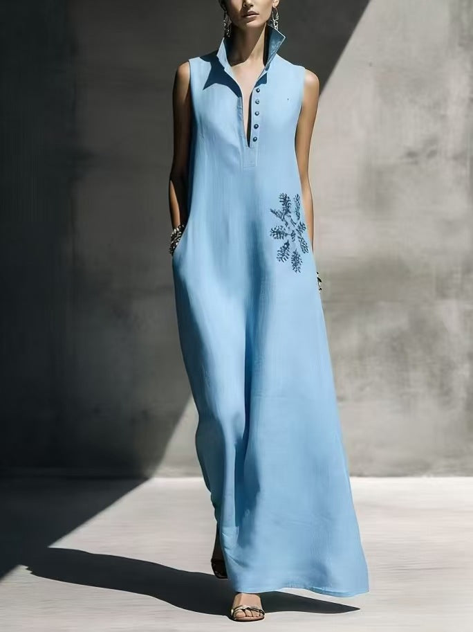 Heat-transfer Graphic Pocket Casual Mandarin-collar Cotton-linen Dress 