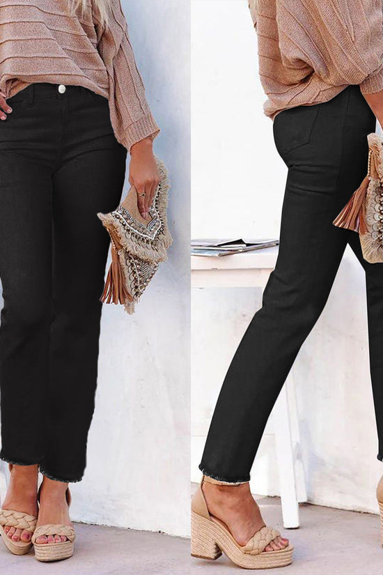 Straight Leg Ankle-Length White Raw Hem Denim Pants T Casual Wear 