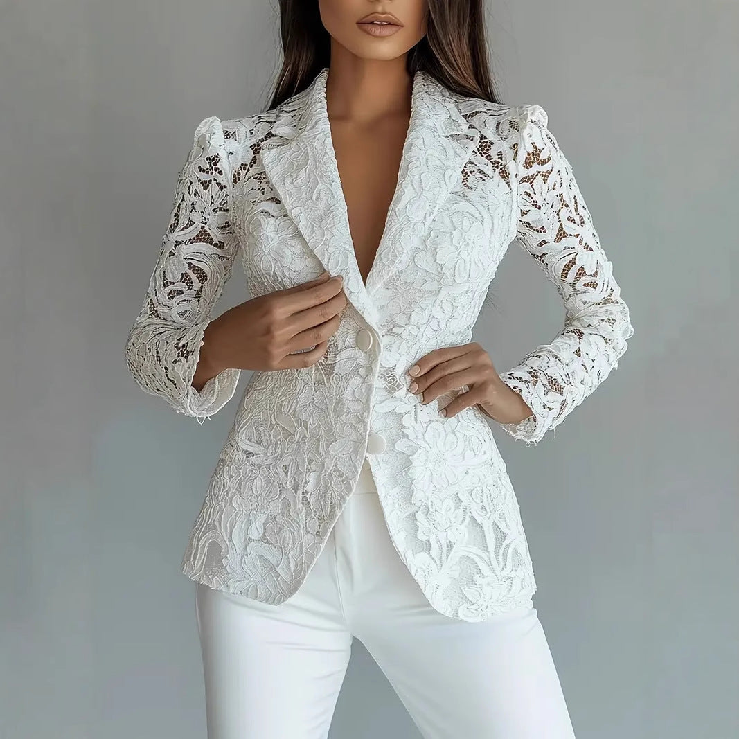 Fashionable Casual Elegant Lace V-Neck Sheer Blazer for Women 