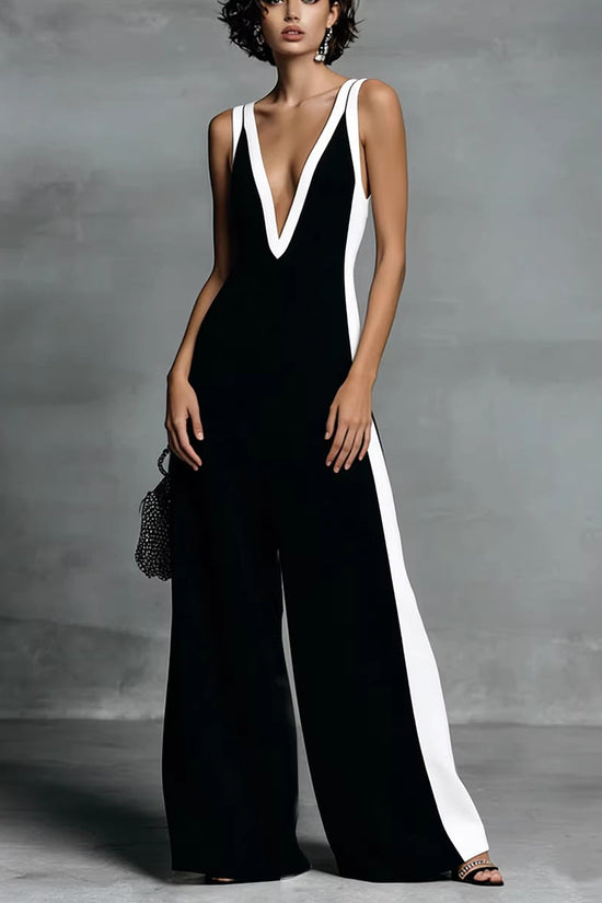 Sleeveless Womens V-Neck Contrasting Color Wide-Leg Jumpsuit 